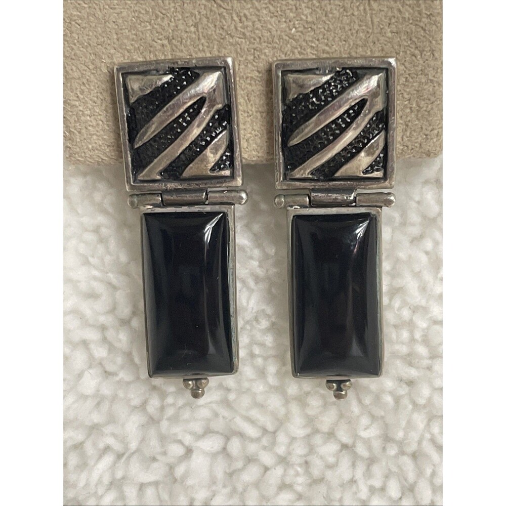 Vintage Dangle Clip On Earrings Sterling Silver 925 Black Onyx